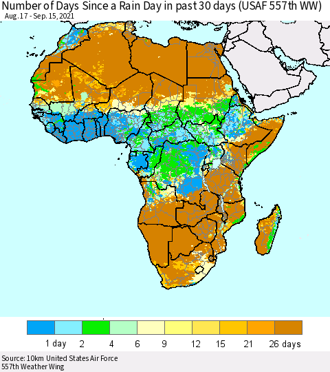 Africa Number of Days Since a Rain Day in past 30 days (USAF 557th WW) Thematic Map For 9/11/2021 - 9/15/2021