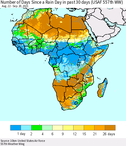 Africa Number of Days Since a Rain Day in past 30 days (USAF 557th WW) Thematic Map For 9/16/2021 - 9/20/2021