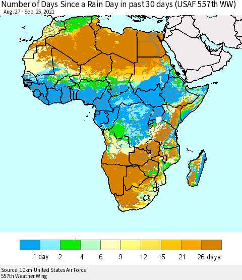 Africa Number of Days Since a Rain Day in past 30 days (USAF 557th WW) Thematic Map For 9/21/2021 - 9/25/2021