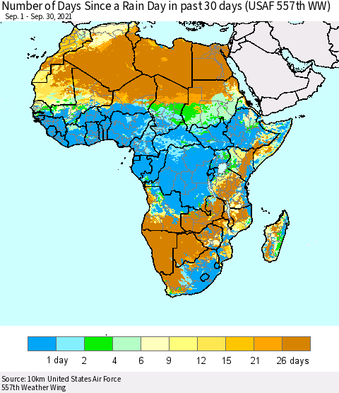 Africa Number of Days Since a Rain Day in past 30 days (USAF 557th WW) Thematic Map For 9/26/2021 - 9/30/2021