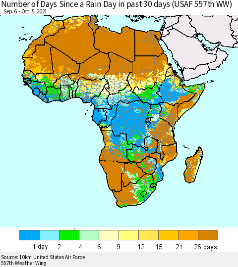 Africa Number of Days Since a Rain Day in past 30 days (USAF 557th WW) Thematic Map For 10/1/2021 - 10/5/2021