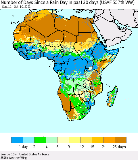 Africa Number of Days Since a Rain Day in past 30 days (USAF 557th WW) Thematic Map For 10/6/2021 - 10/10/2021