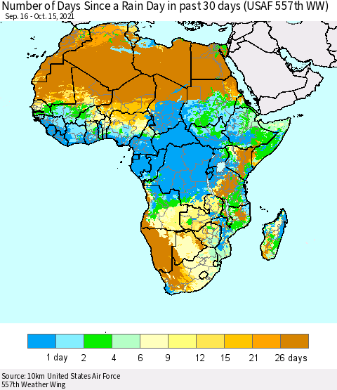 Africa Number of Days Since a Rain Day in past 30 days (USAF 557th WW) Thematic Map For 10/11/2021 - 10/15/2021