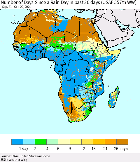 Africa Number of Days Since a Rain Day in past 30 days (USAF 557th WW) Thematic Map For 10/16/2021 - 10/20/2021