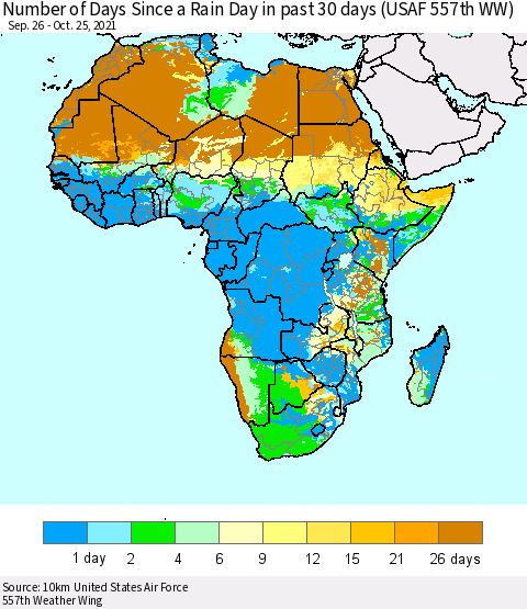 Africa Number of Days Since a Rain Day in past 30 days (USAF 557th WW) Thematic Map For 10/21/2021 - 10/25/2021