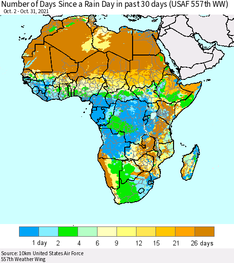 Africa Number of Days Since a Rain Day in past 30 days (USAF 557th WW) Thematic Map For 10/26/2021 - 10/31/2021
