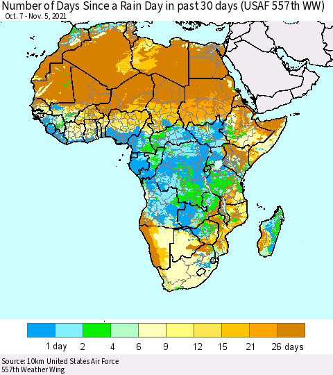 Africa Number of Days Since a Rain Day in past 30 days (USAF 557th WW) Thematic Map For 11/1/2021 - 11/5/2021