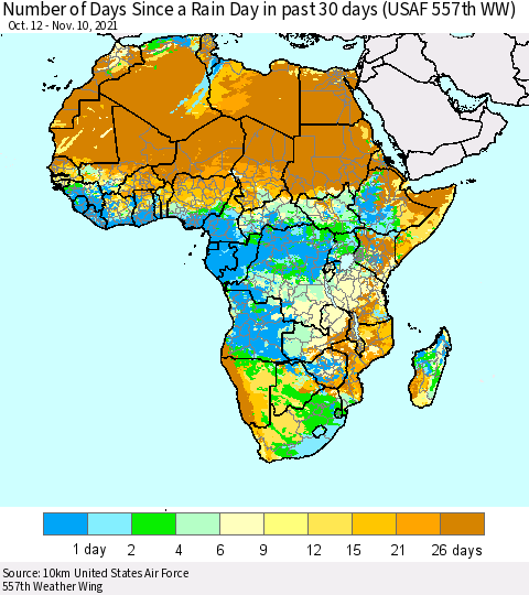 Africa Number of Days Since a Rain Day in past 30 days (USAF 557th WW) Thematic Map For 11/6/2021 - 11/10/2021