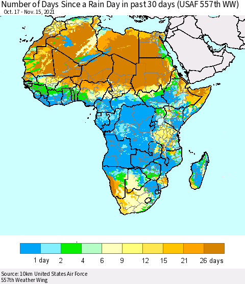 Africa Number of Days Since a Rain Day in past 30 days (USAF 557th WW) Thematic Map For 11/11/2021 - 11/15/2021