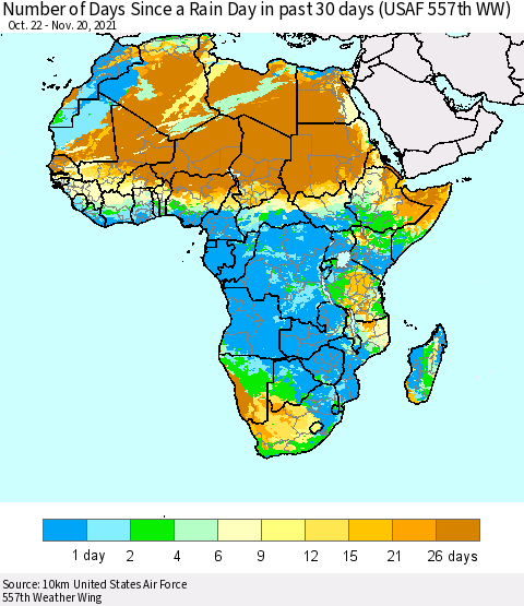 Africa Number of Days Since a Rain Day in past 30 days (USAF 557th WW) Thematic Map For 11/16/2021 - 11/20/2021