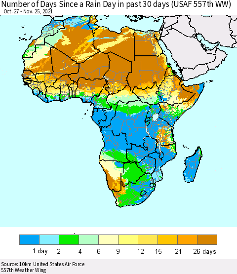 Africa Number of Days Since a Rain Day in past 30 days (USAF 557th WW) Thematic Map For 11/21/2021 - 11/25/2021
