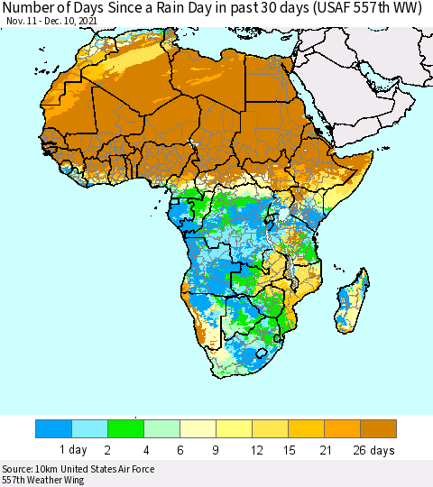Africa Number of Days Since a Rain Day in past 30 days (USAF 557th WW) Thematic Map For 12/6/2021 - 12/10/2021