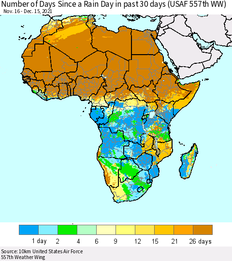 Africa Number of Days Since a Rain Day in past 30 days (USAF 557th WW) Thematic Map For 12/11/2021 - 12/15/2021