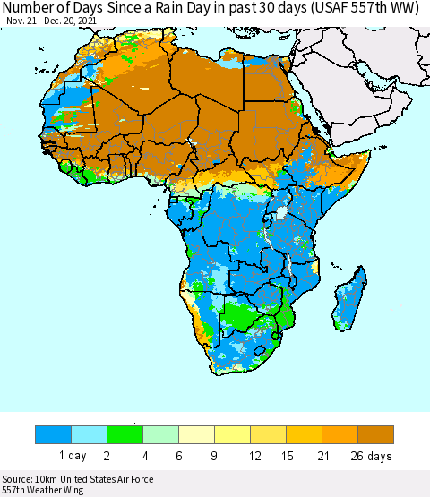 Africa Number of Days Since a Rain Day in past 30 days (USAF 557th WW) Thematic Map For 12/16/2021 - 12/20/2021