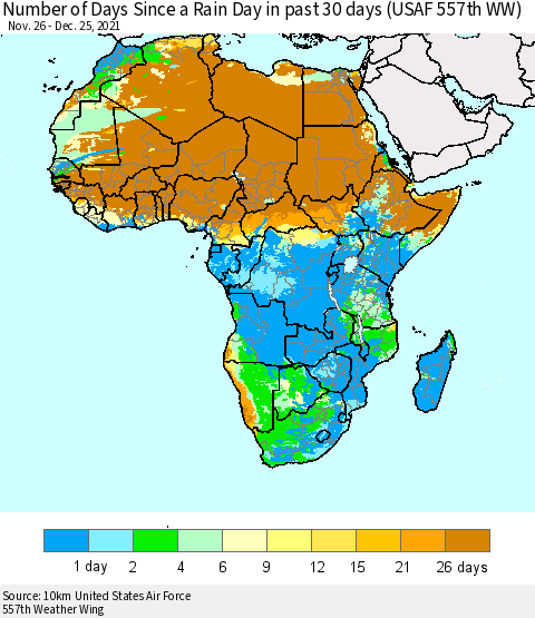 Africa Number of Days Since a Rain Day in past 30 days (USAF 557th WW) Thematic Map For 12/21/2021 - 12/25/2021