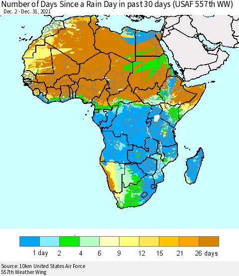 Africa Number of Days Since a Rain Day in past 30 days (USAF 557th WW) Thematic Map For 12/26/2021 - 12/31/2021