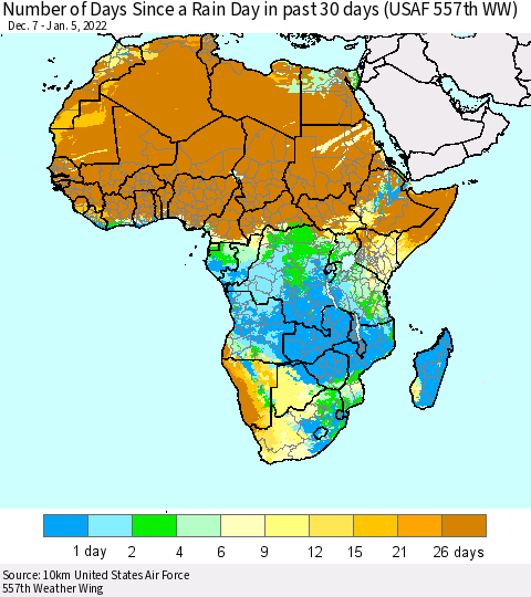 Africa Number of Days Since a Rain Day in past 30 days (USAF 557th WW) Thematic Map For 1/1/2022 - 1/5/2022