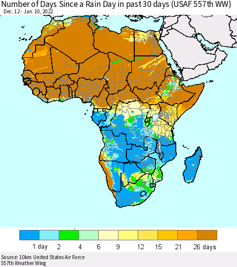 Africa Number of Days Since a Rain Day in past 30 days (USAF 557th WW) Thematic Map For 1/6/2022 - 1/10/2022
