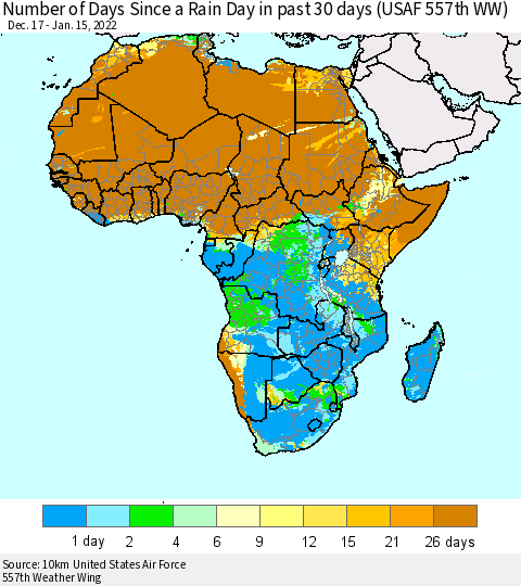 Africa Number of Days Since a Rain Day in past 30 days (USAF 557th WW) Thematic Map For 1/11/2022 - 1/15/2022