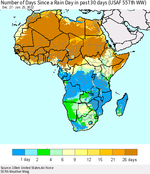 Africa Number of Days Since a Rain Day in past 30 days (USAF 557th WW) Thematic Map For 1/21/2022 - 1/25/2022