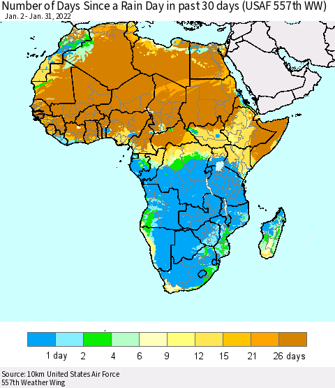 Africa Number of Days Since a Rain Day in past 30 days (USAF 557th WW) Thematic Map For 1/26/2022 - 1/31/2022