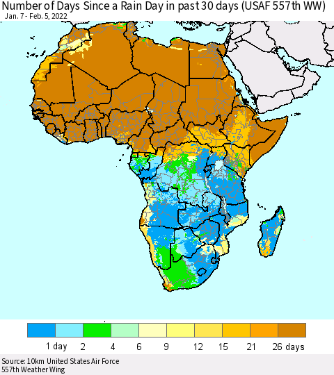 Africa Number of Days Since a Rain Day in past 30 days (USAF 557th WW) Thematic Map For 2/1/2022 - 2/5/2022