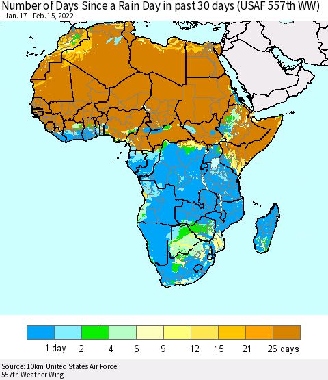 Africa Number of Days Since a Rain Day in past 30 days (USAF 557th WW) Thematic Map For 2/11/2022 - 2/15/2022