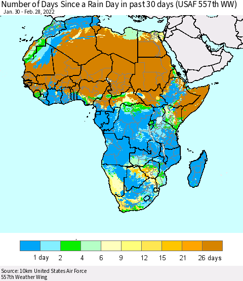 Africa Number of Days Since a Rain Day in past 30 days (USAF 557th WW) Thematic Map For 2/26/2022 - 2/28/2022