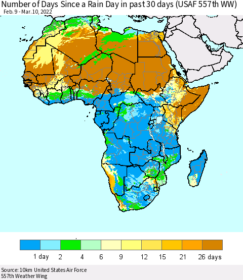 Africa Number of Days Since a Rain Day in past 30 days (USAF 557th WW) Thematic Map For 3/6/2022 - 3/10/2022