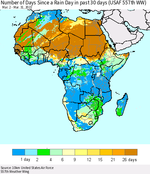 Africa Number of Days Since a Rain Day in past 30 days (USAF 557th WW) Thematic Map For 3/26/2022 - 3/31/2022