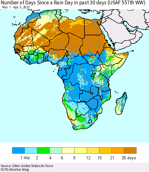 Africa Number of Days Since a Rain Day in past 30 days (USAF 557th WW) Thematic Map For 4/1/2022 - 4/5/2022