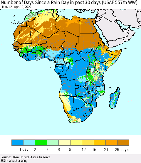 Africa Number of Days Since a Rain Day in past 30 days (USAF 557th WW) Thematic Map For 4/6/2022 - 4/10/2022