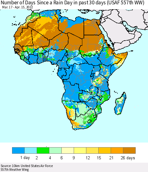 Africa Number of Days Since a Rain Day in past 30 days (USAF 557th WW) Thematic Map For 4/11/2022 - 4/15/2022