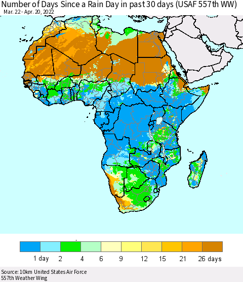 Africa Number of Days Since a Rain Day in past 30 days (USAF 557th WW) Thematic Map For 4/16/2022 - 4/20/2022