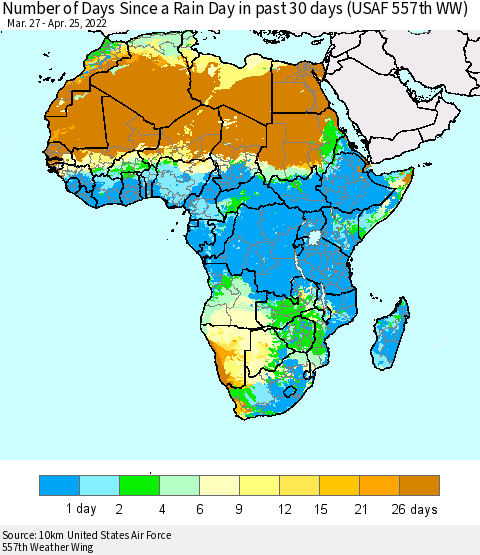 Africa Number of Days Since a Rain Day in past 30 days (USAF 557th WW) Thematic Map For 4/21/2022 - 4/25/2022