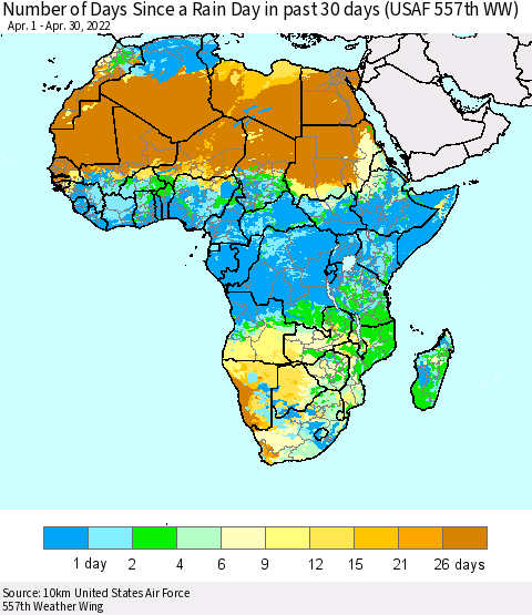 Africa Number of Days Since a Rain Day in past 30 days (USAF 557th WW) Thematic Map For 4/26/2022 - 4/30/2022