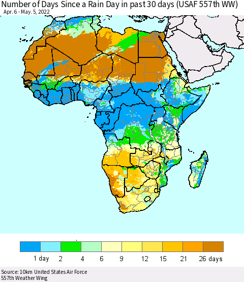 Africa Number of Days Since a Rain Day in past 30 days (USAF 557th WW) Thematic Map For 5/1/2022 - 5/5/2022