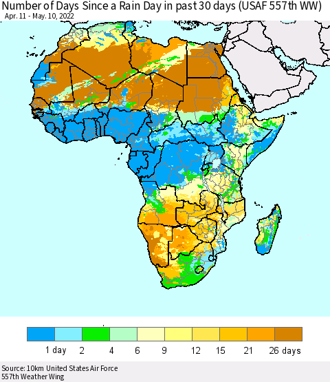 Africa Number of Days Since a Rain Day in past 30 days (USAF 557th WW) Thematic Map For 5/6/2022 - 5/10/2022