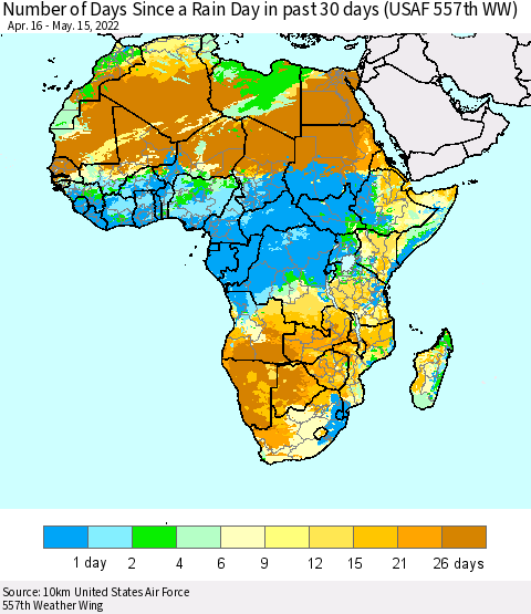 Africa Number of Days Since a Rain Day in past 30 days (USAF 557th WW) Thematic Map For 5/11/2022 - 5/15/2022