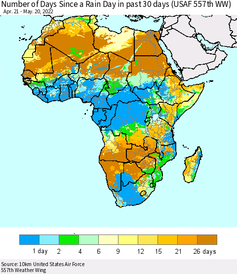 Africa Number of Days Since a Rain Day in past 30 days (USAF 557th WW) Thematic Map For 5/16/2022 - 5/20/2022