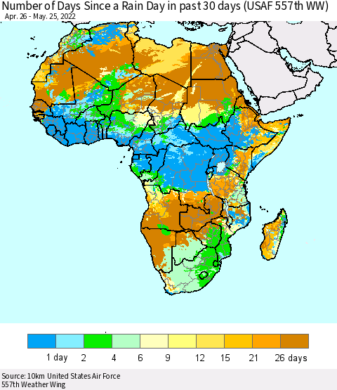 Africa Number of Days Since a Rain Day in past 30 days (USAF 557th WW) Thematic Map For 5/21/2022 - 5/25/2022
