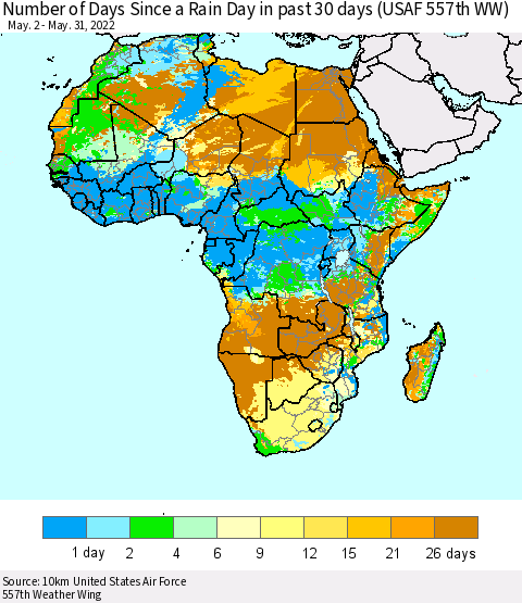 Africa Number of Days Since a Rain Day in past 30 days (USAF 557th WW) Thematic Map For 5/26/2022 - 5/31/2022
