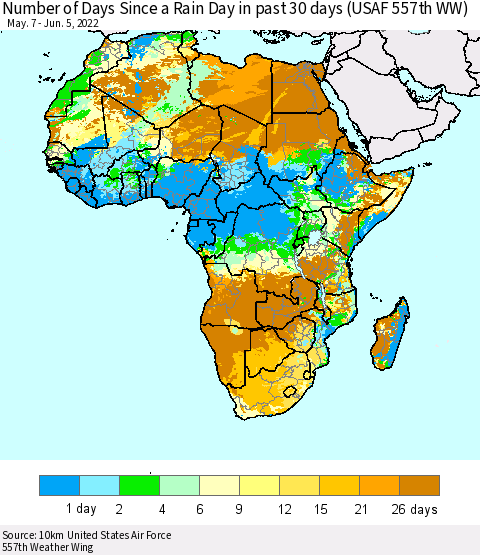 Africa Number of Days Since a Rain Day in past 30 days (USAF 557th WW) Thematic Map For 6/1/2022 - 6/5/2022
