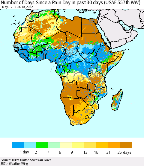 Africa Number of Days Since a Rain Day in past 30 days (USAF 557th WW) Thematic Map For 6/6/2022 - 6/10/2022