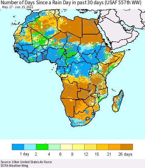Africa Number of Days Since a Rain Day in past 30 days (USAF 557th WW) Thematic Map For 6/11/2022 - 6/15/2022