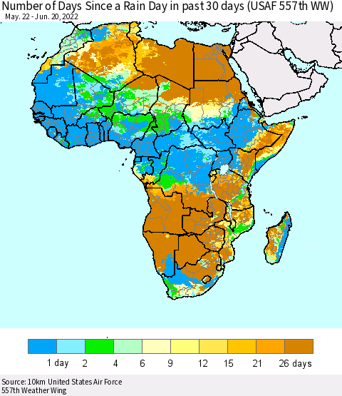 Africa Number of Days Since a Rain Day in past 30 days (USAF 557th WW) Thematic Map For 6/16/2022 - 6/20/2022