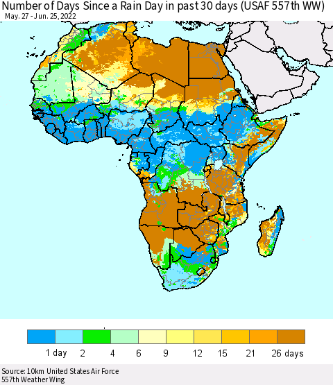 Africa Number of Days Since a Rain Day in past 30 days (USAF 557th WW) Thematic Map For 6/21/2022 - 6/25/2022
