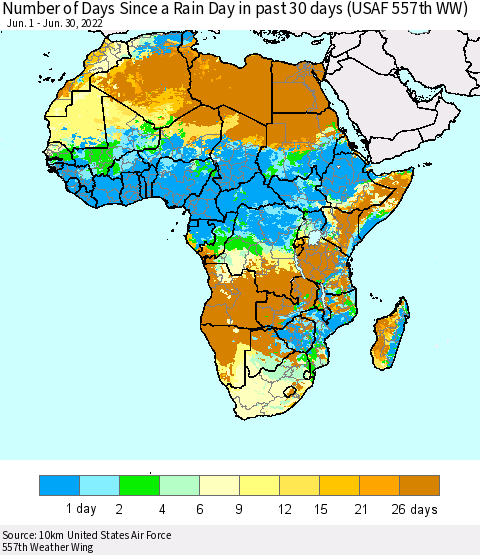 Africa Number of Days Since a Rain Day in past 30 days (USAF 557th WW) Thematic Map For 6/26/2022 - 6/30/2022