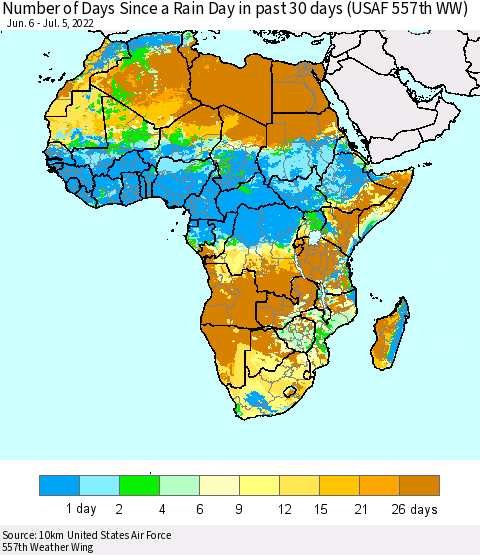 Africa Number of Days Since a Rain Day in past 30 days (USAF 557th WW) Thematic Map For 7/1/2022 - 7/5/2022