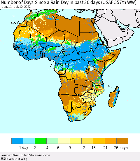 Africa Number of Days Since a Rain Day in past 30 days (USAF 557th WW) Thematic Map For 7/6/2022 - 7/10/2022